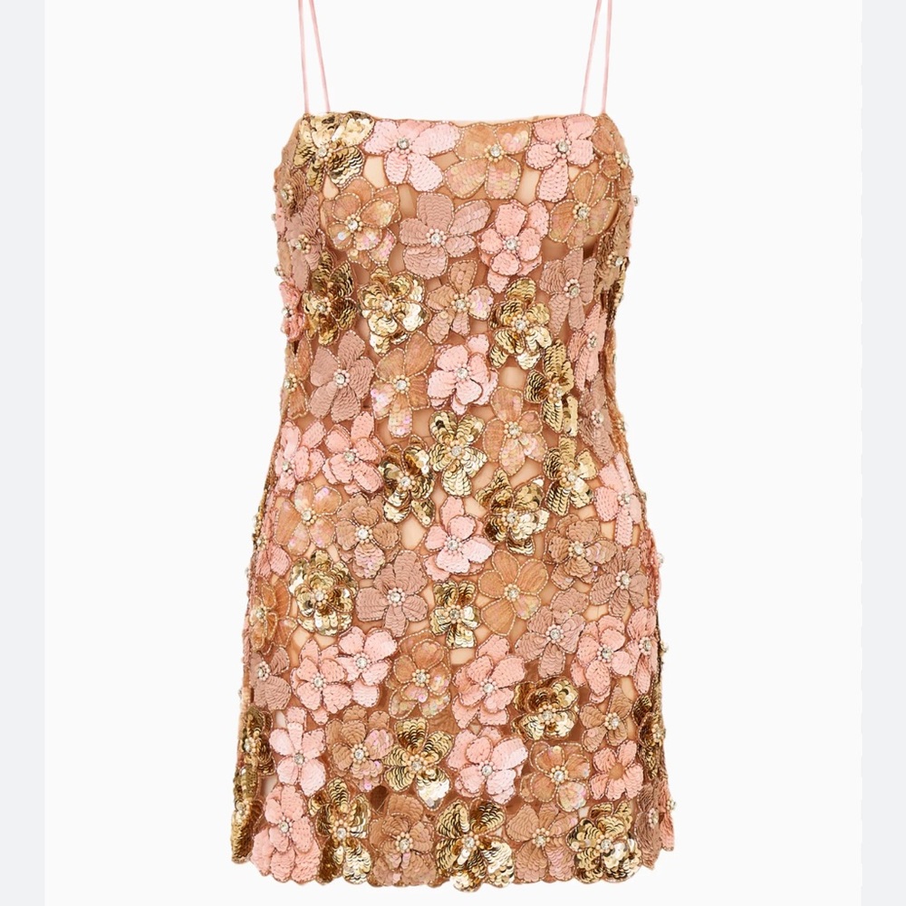 LoveShackFancy Aleria Pink and Gold Sequin Floral Mini Dress - Picture 3 of 14